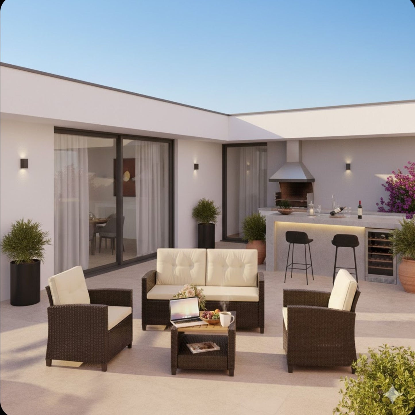 Modern All-Weather Patio Set With Cushions And Table