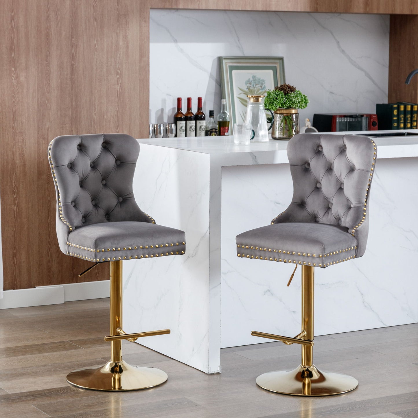 Thick Swivel Barstools Adjusatble Seat Height From 25-33", Modern Upholstered Bar Stools With Backs Comfortable Tufted For Home Pub And Kitchen Island (Set of 2)