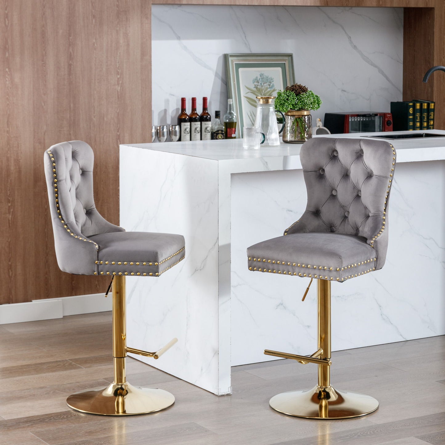 Thick Swivel Barstools Adjusatble Seat Height From 25-33", Modern Upholstered Bar Stools With Backs Comfortable Tufted For Home Pub And Kitchen Island (Set of 2)