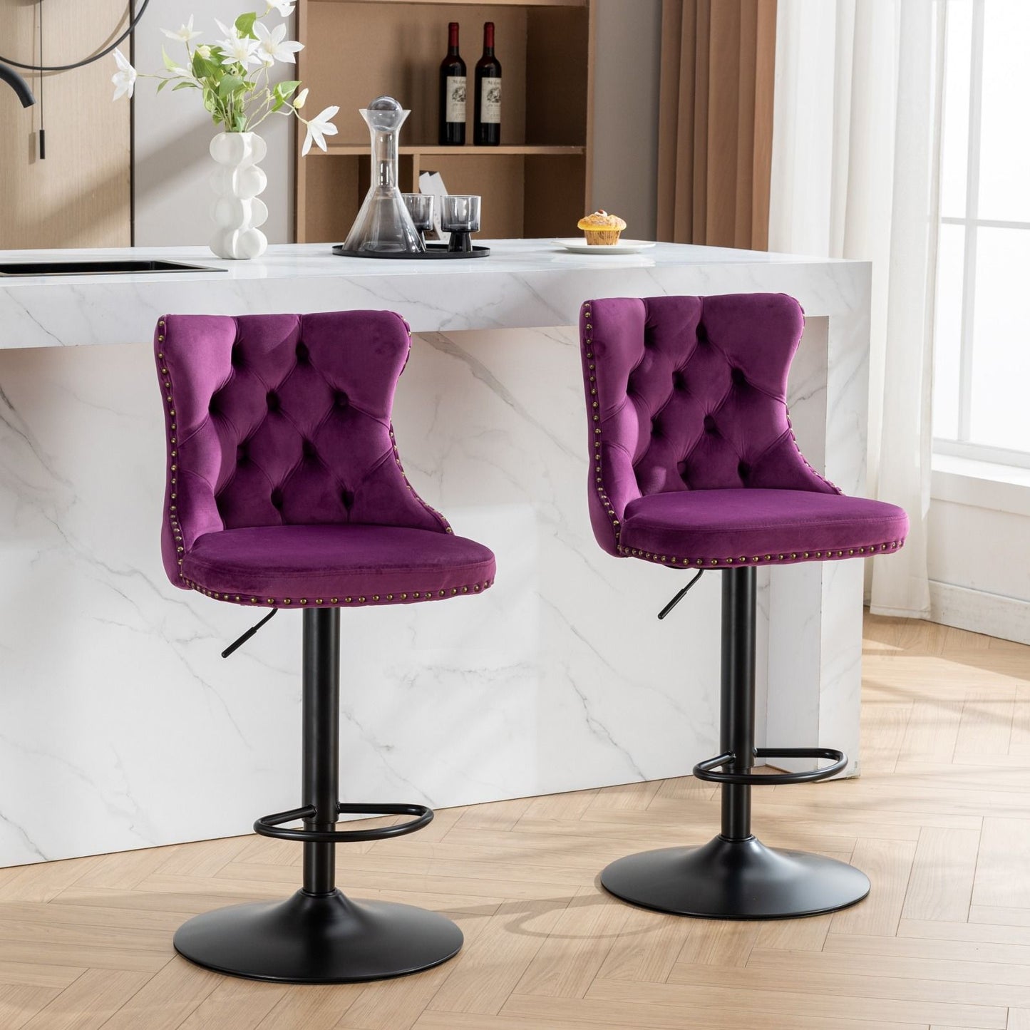 Swivel Barstools Adjusatble Seat Height, Modern Upholstered Bar Stools With Backs Comfortable Tufted For Home Pub And Kitchen Island (Set of 2)